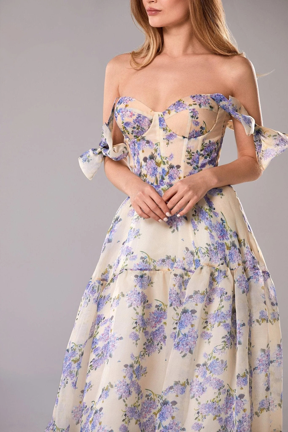 Prom Purple V Neck Floral Print Tie-Strap Maxi Dress