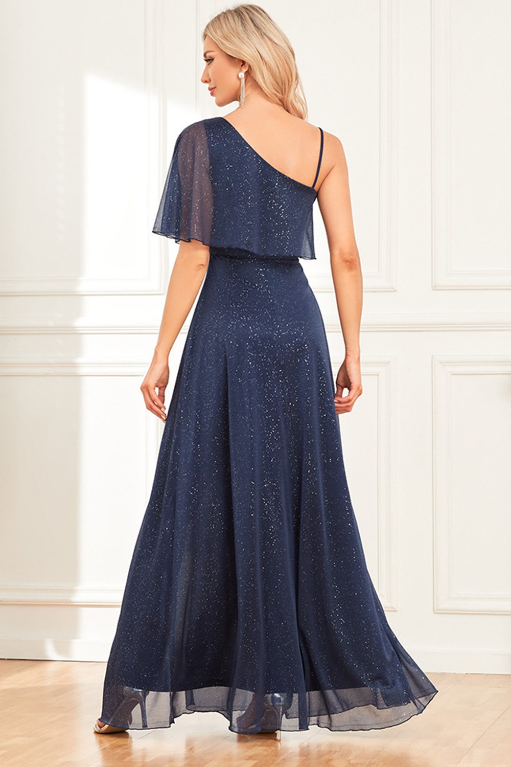 Party Navy Blue Glitter One Shoulder Double Layered Ruffle Side Split Maxi Dress