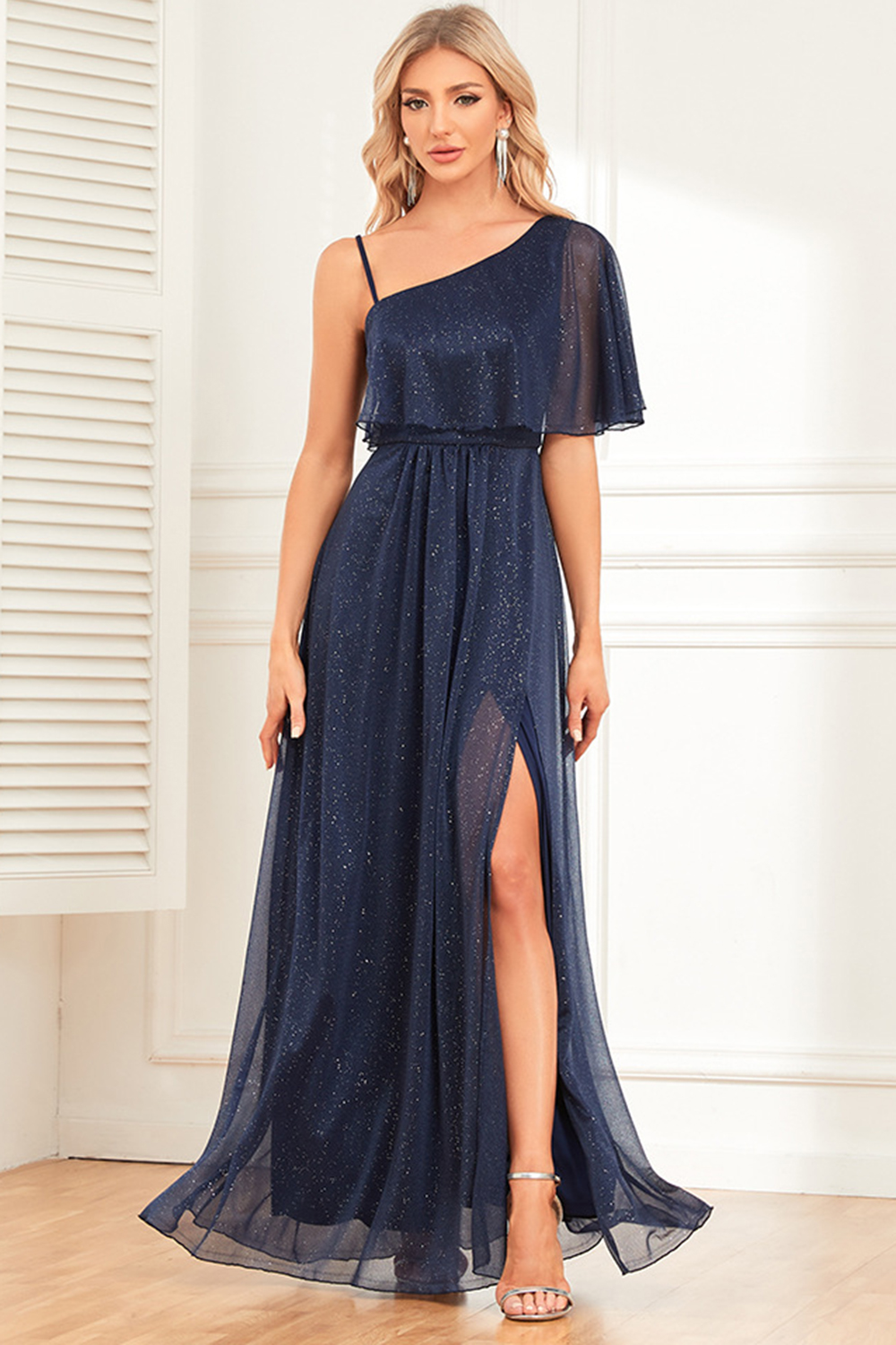 Party Navy Blue Glitter One Shoulder Double Layered Ruffle Side Split Maxi Dress