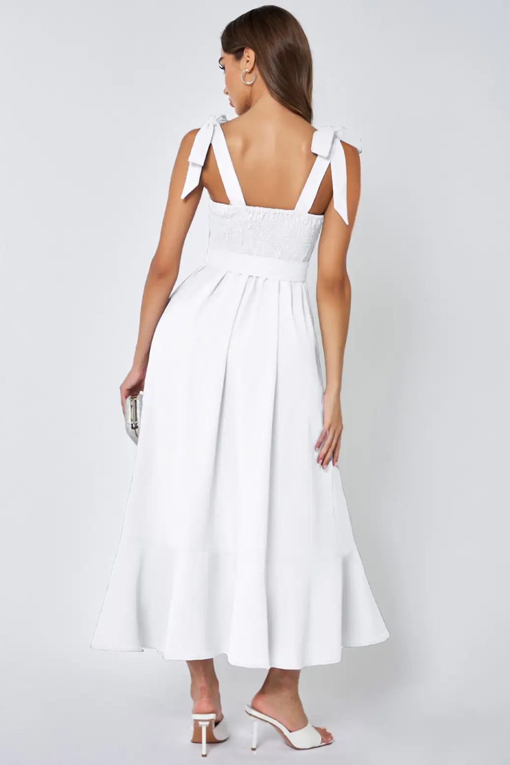 Wedding Guest White Tie-Straps Lace Up Ruffle Hem Split Midi Dress