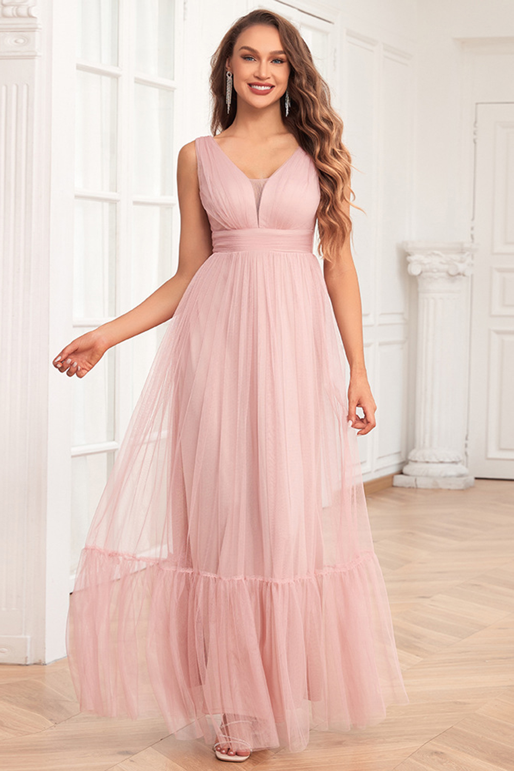 Wedding Guest Pink Tulle V Neck Sleeveless Double Layered Tunic Maxi Dress