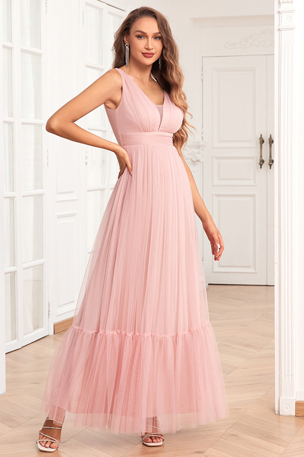 Wedding Guest Pink Tulle V Neck Sleeveless Double Layered Tunic Maxi Dress