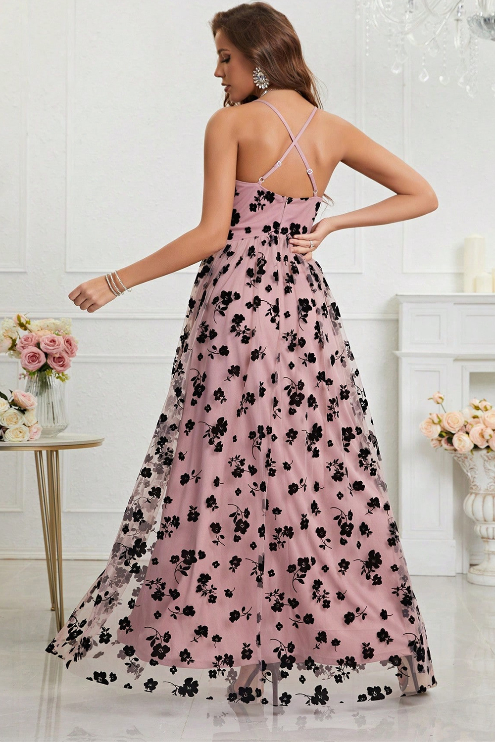 Wedding Guest Pink Mesh Flocking Floral Tunic Split Cami Maxi Dress