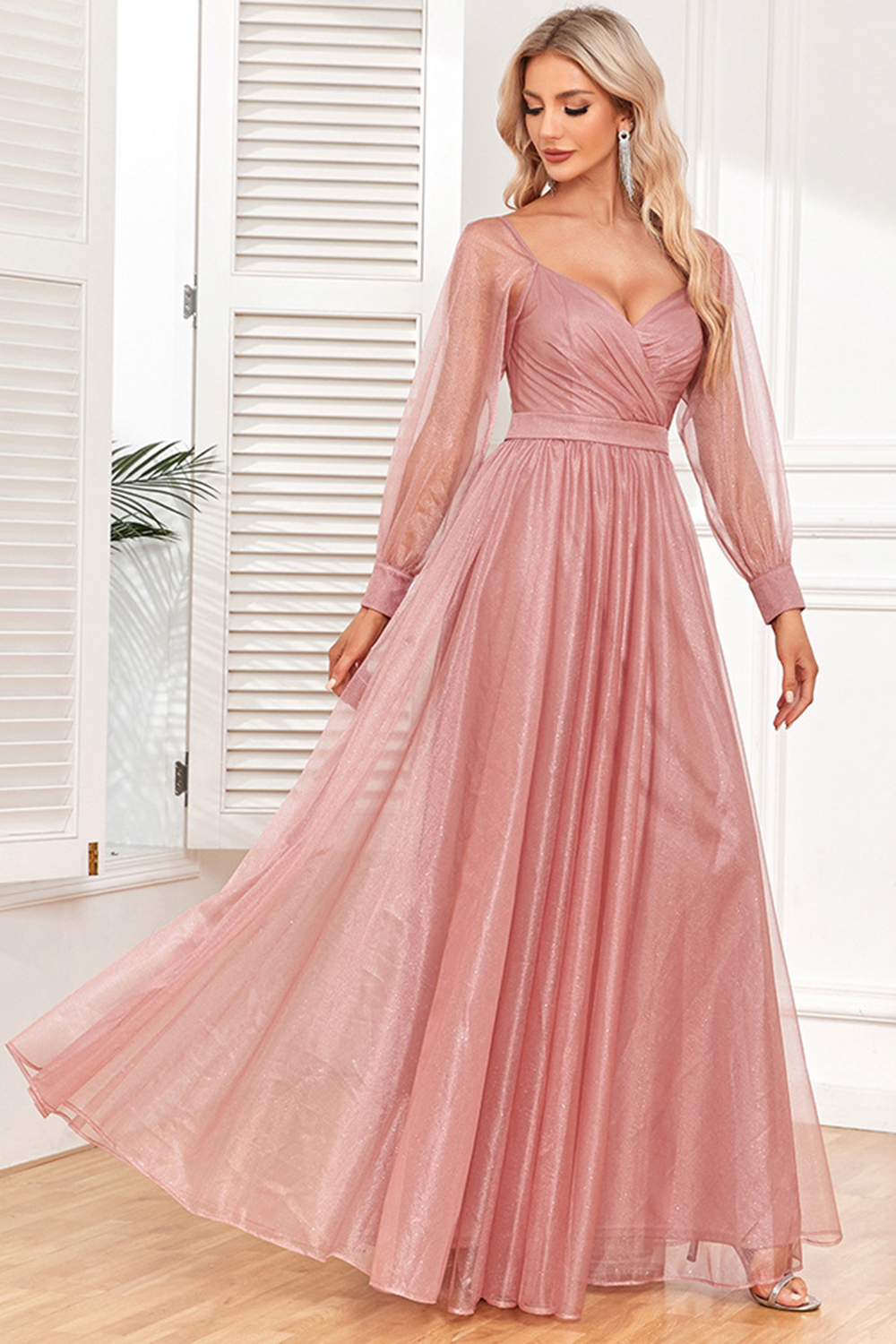 Wedding Guest Pink V Neck Backless Sparkly Tulle Pleated Tunic Maxi Dress
