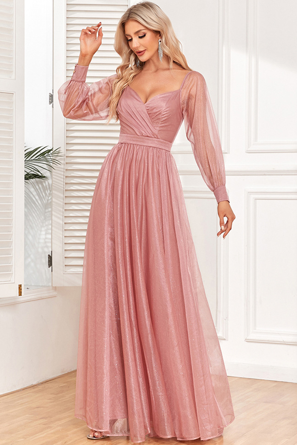 Wedding Guest Pink V Neck Backless Sparkly Tulle Pleated Tunic Maxi Dress