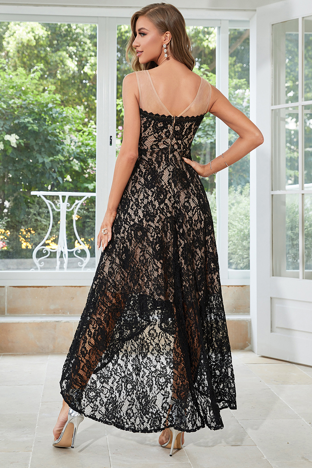 Wedding Guest Black Lace Floral Double Layered Asymmetric Hem Midi Dress