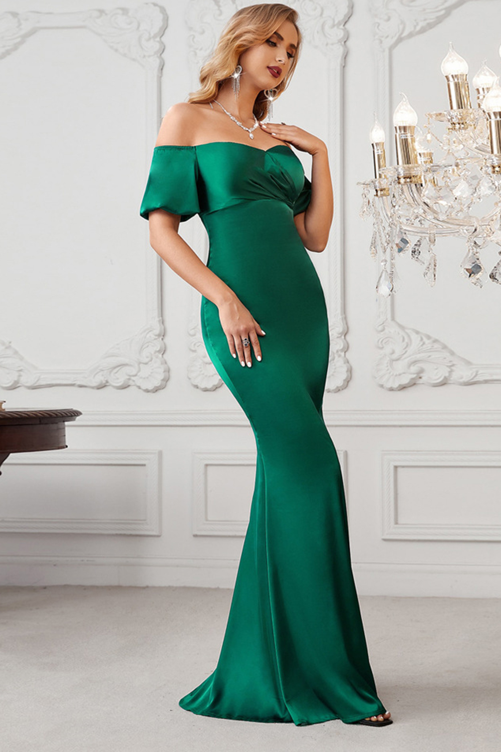 Party Dark Green Satin Off The Shoulder Ruched Chest Fishtail Maxi Dress