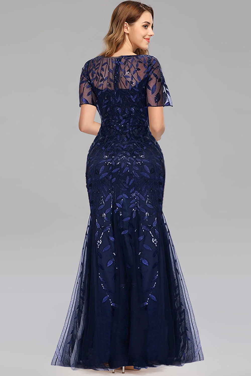 Party Navy Blue Mesh Sequin Embroidery Fishtail Maxi Dress
