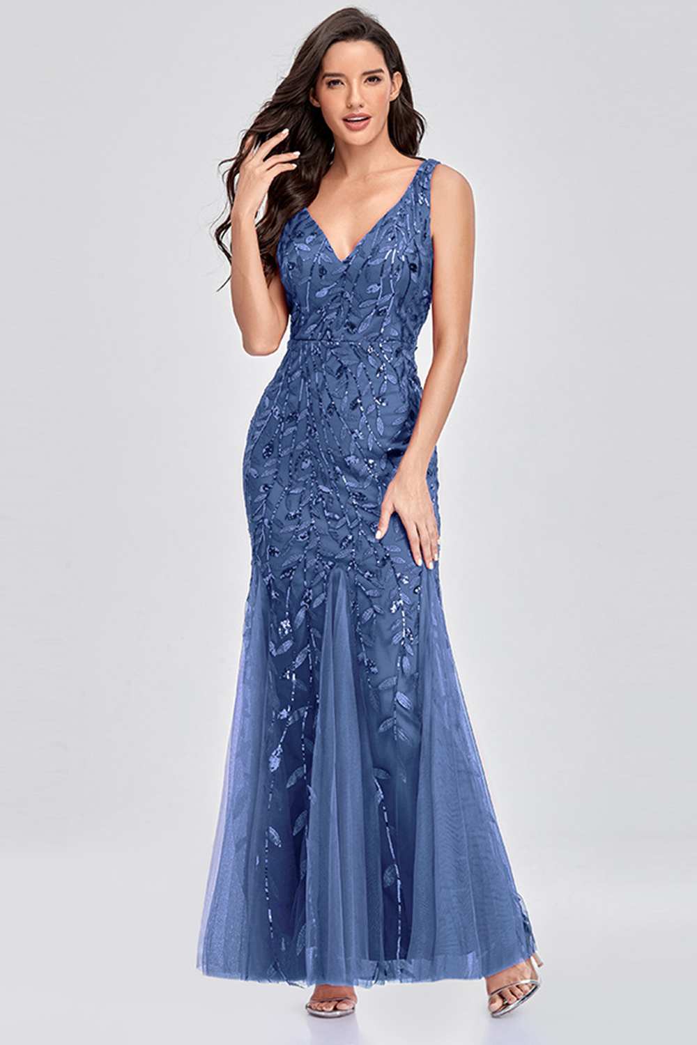 Party Sky Blue Sequin Embroidery V Neck Mesh Patchwork Fishtail Maxi Dress