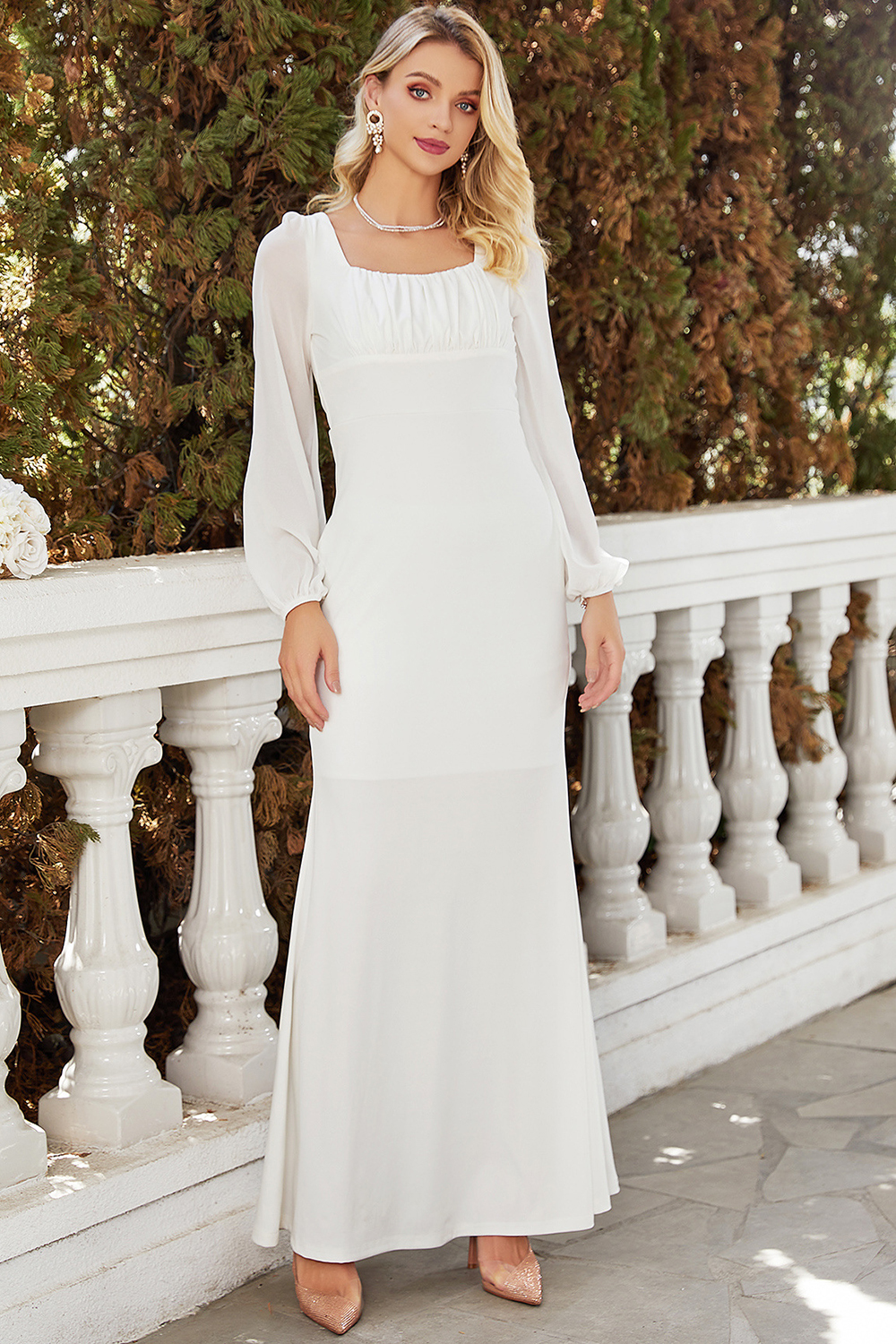Wedding Guest White Chiffon Solid Square Neck Ruched Chest Bodycon Maxi Dress