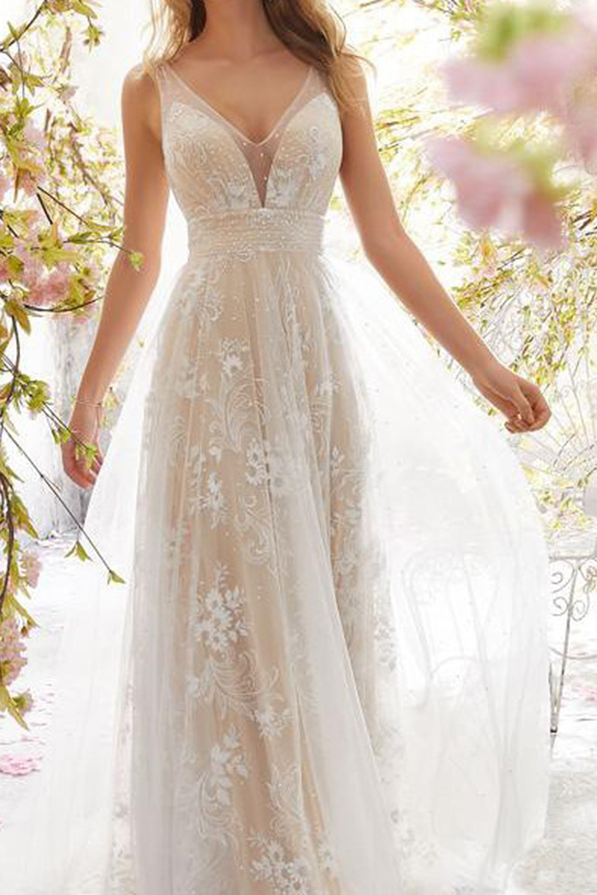 Wedding Guest White Deep V Neck Sleeveless Mesh Lace Tunic Maxi Dress