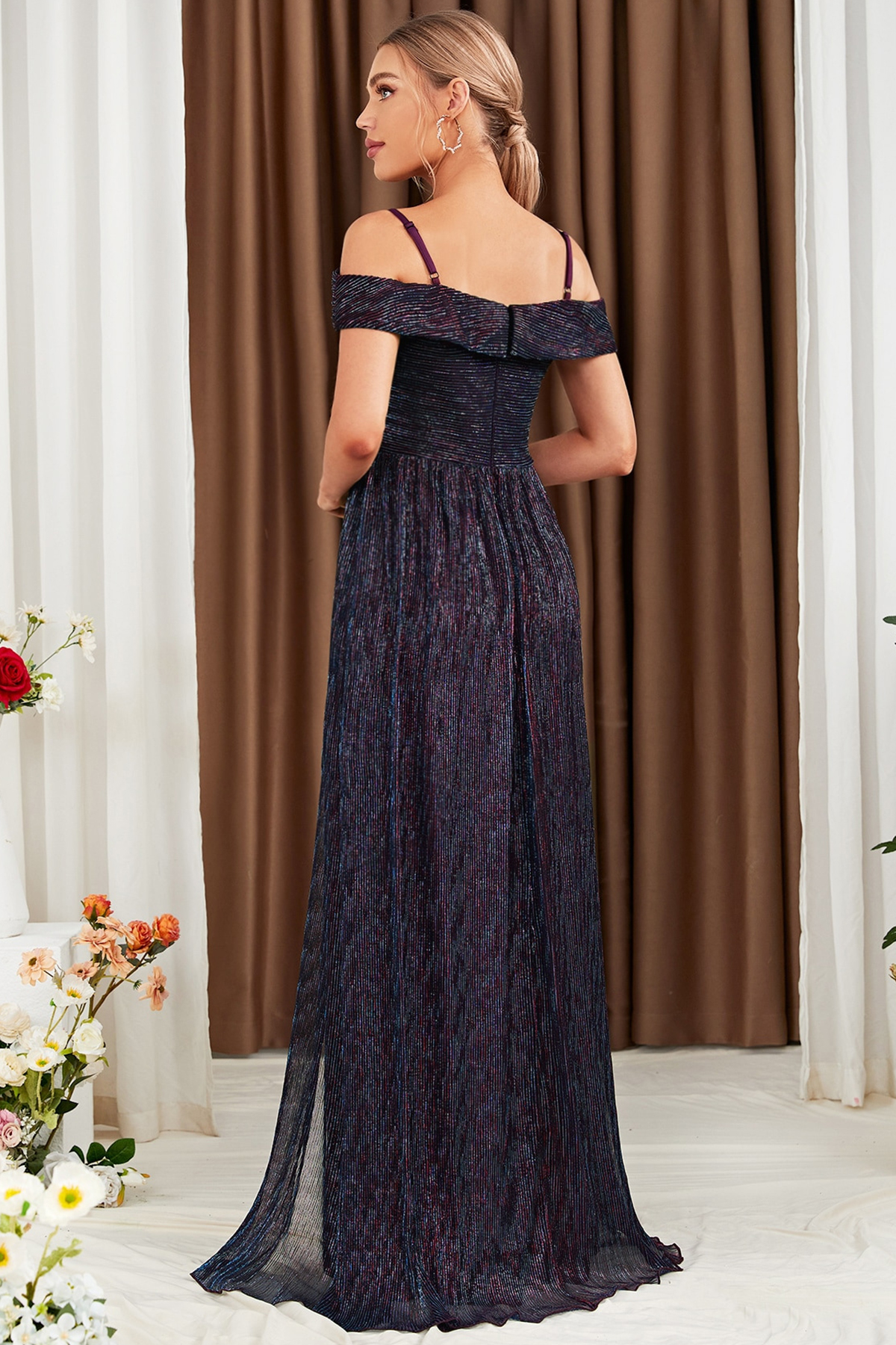 Wedding Guest Dark Purple Sparkly Cold Shoulder Fold Split Layered Tunic Maxi Dress
