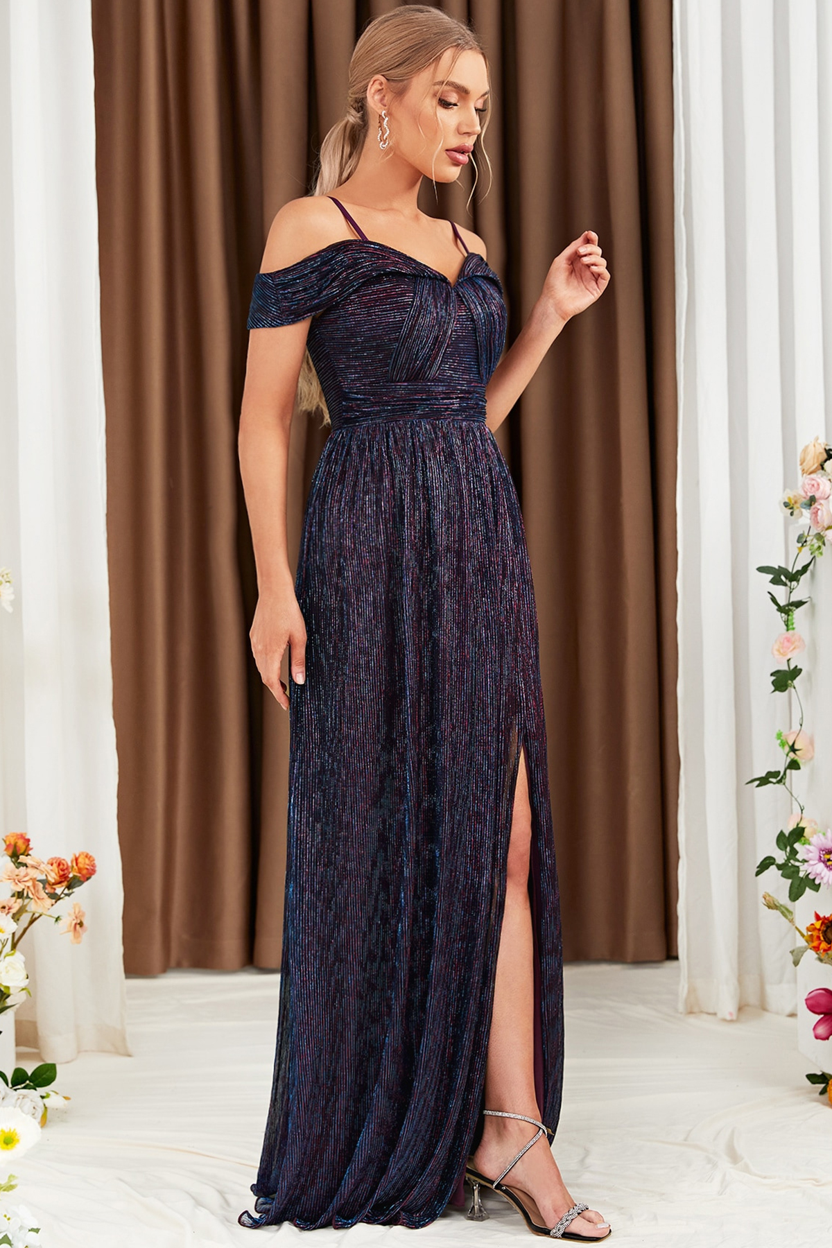 Wedding Guest Dark Purple Sparkly Cold Shoulder Fold Split Layered Tunic Maxi Dress