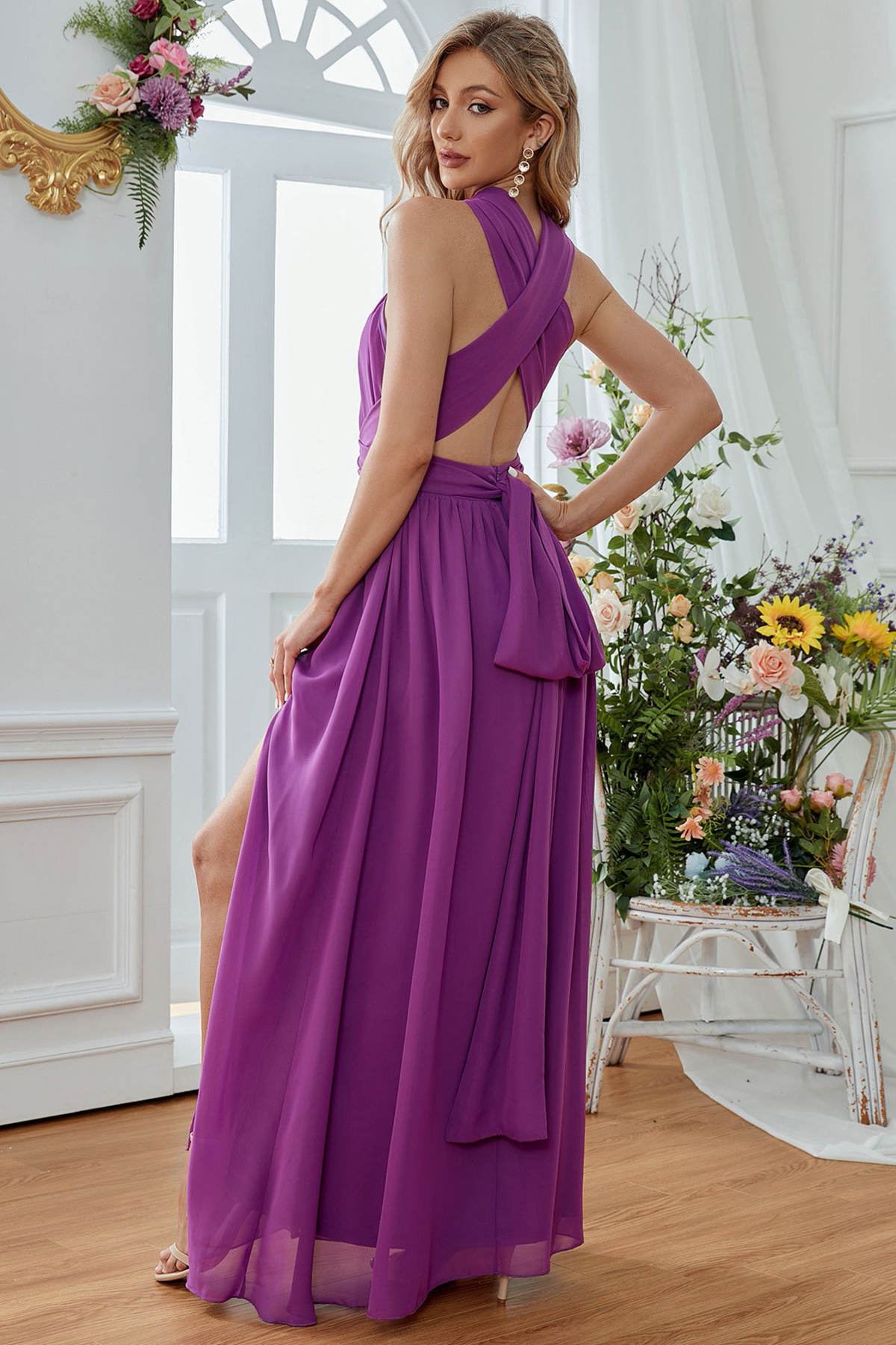 Wedding Guest Purple Halter Neck Chiffon Pleated Double Layered Split Maxi Dress