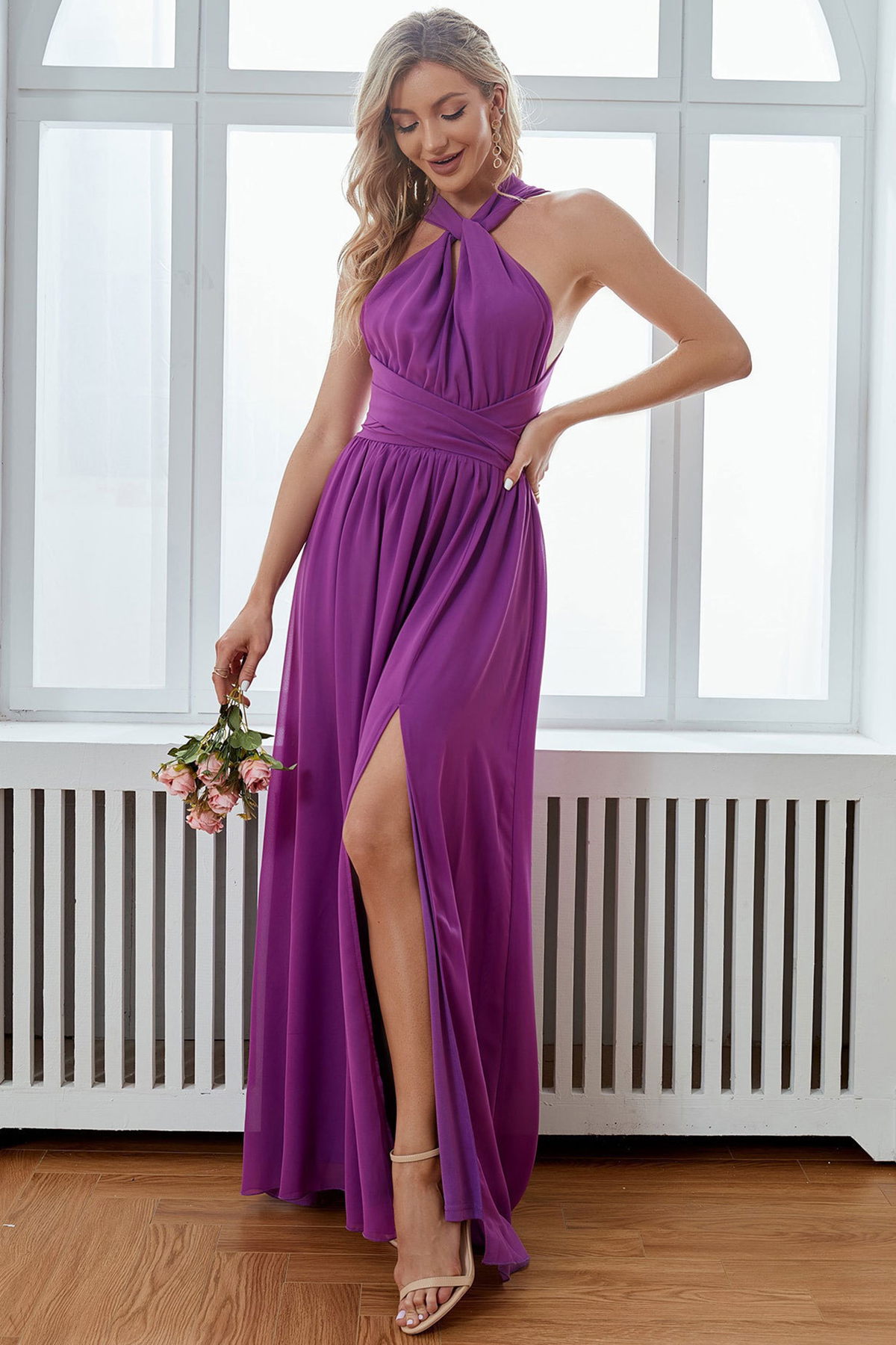 Wedding Guest Purple Halter Neck Chiffon Pleated Double Layered Split Maxi Dress