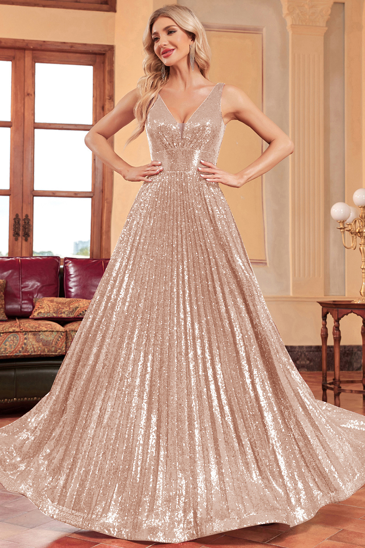 Prom Champagne Sequin Deep V Neck Tunic Pleated Maxi Dress