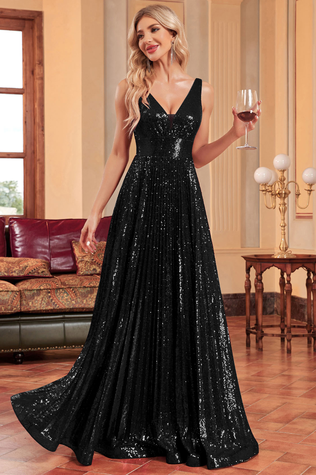 Prom Champagne Sequin Deep V Neck Tunic Pleated Maxi Dress