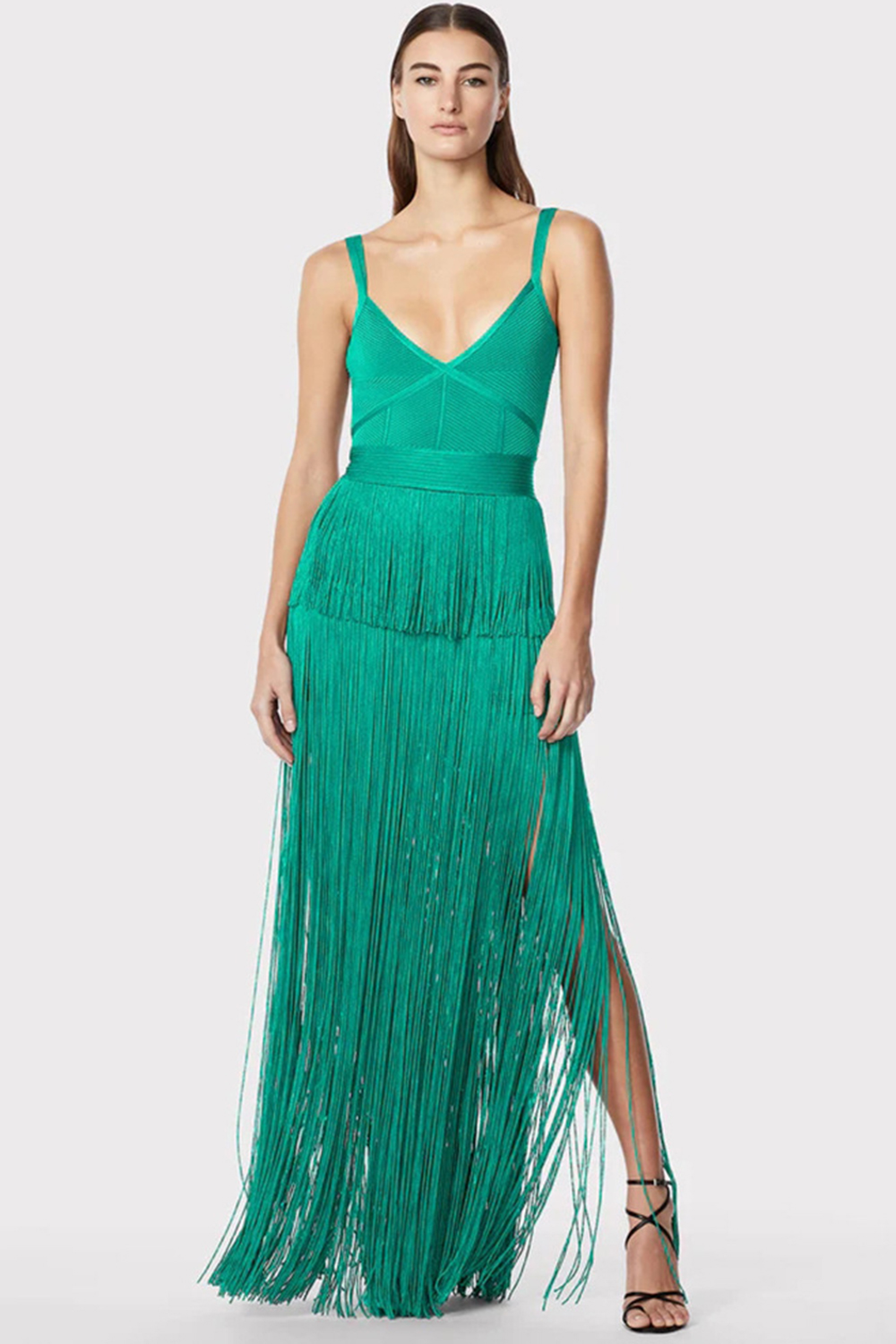Party Green Solid V Neck Sleeveless Fringe Tunic Maxi Dress