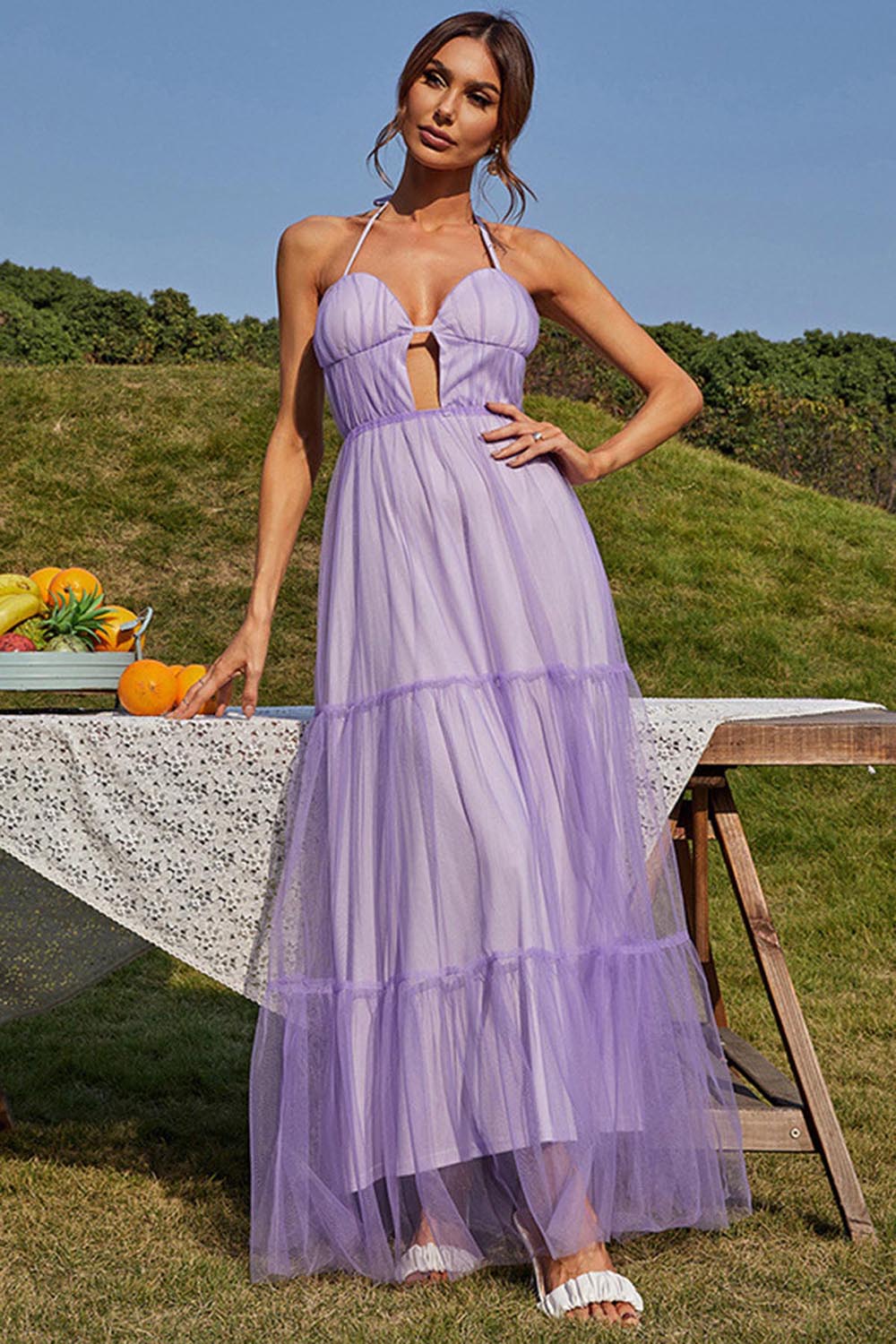 Wedding Guest Purple Halter Collar Cut Out Backless Maxi Dress