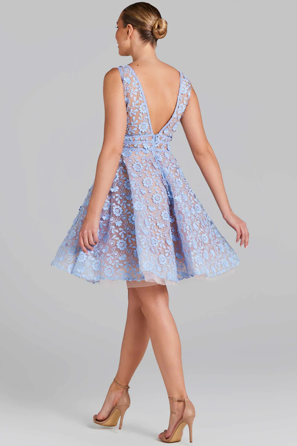 Wedding Guest Blue Lace Embroidery V Neck Sleeveless Mini Dress