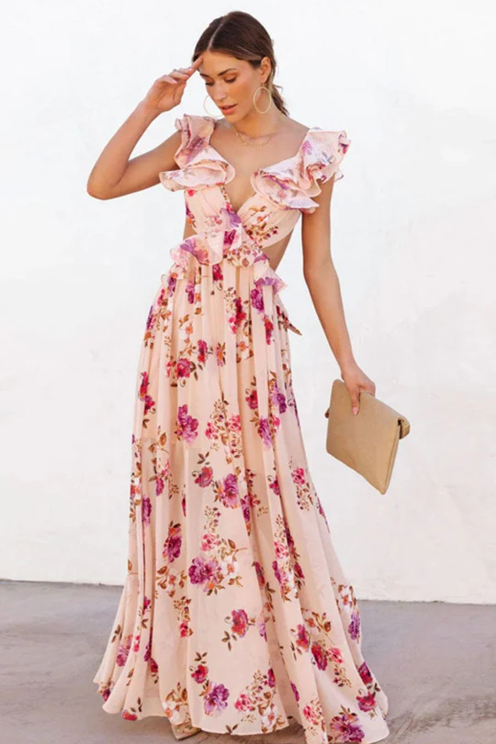 Holiday Pink Floral Print Cross V Neck Back Lace Up Maxi Dress