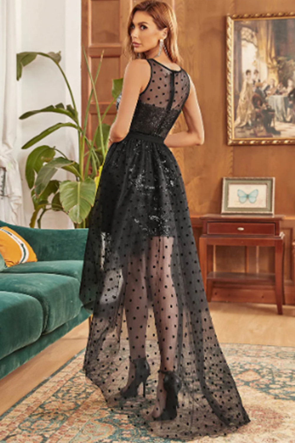 Party Black Round Neck Sequins Dots With Mesh Detachable Skirt Hem Mini Dress