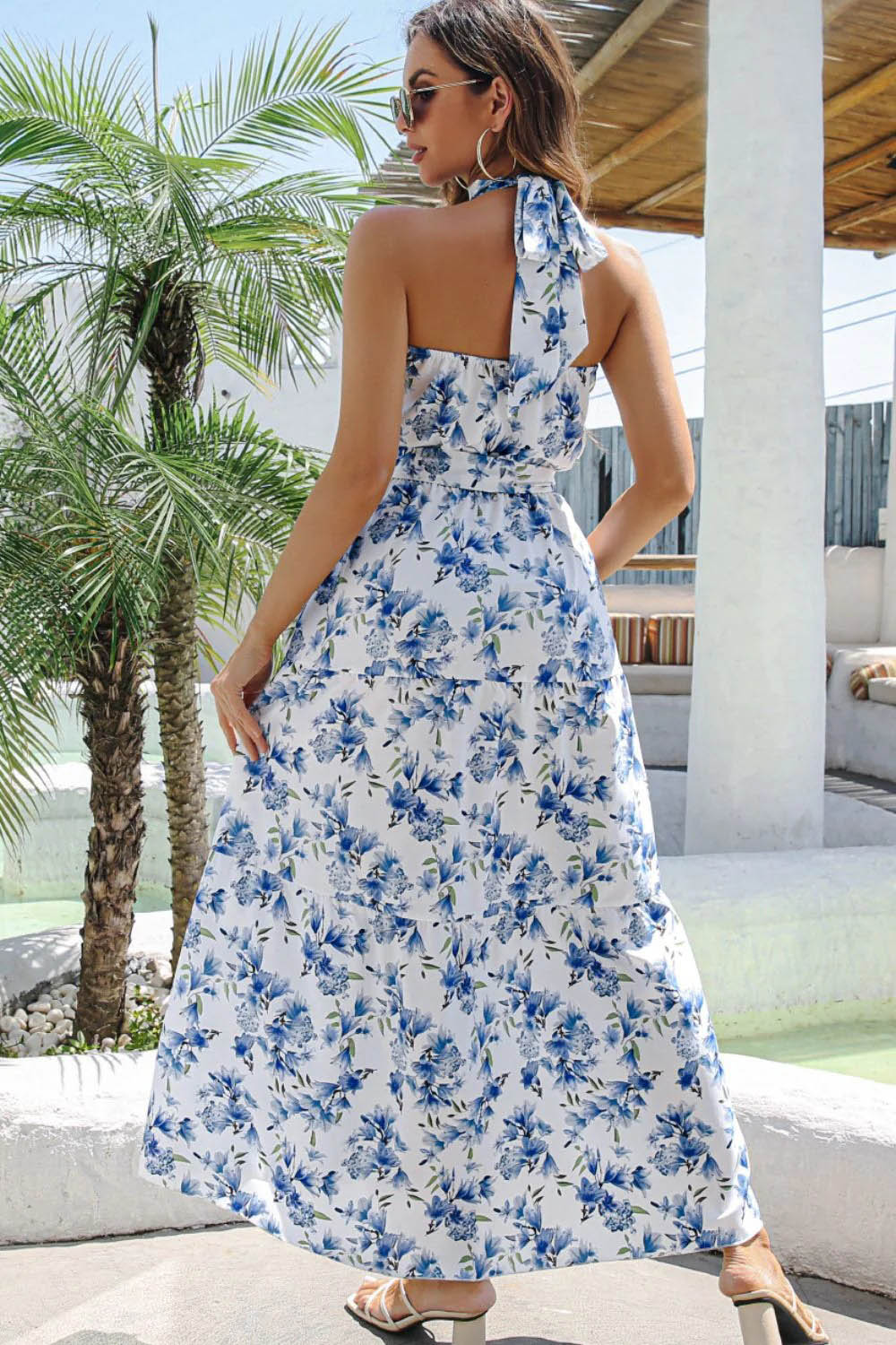 Holiday Blue Halter Collar Floral Print Maxi Dress