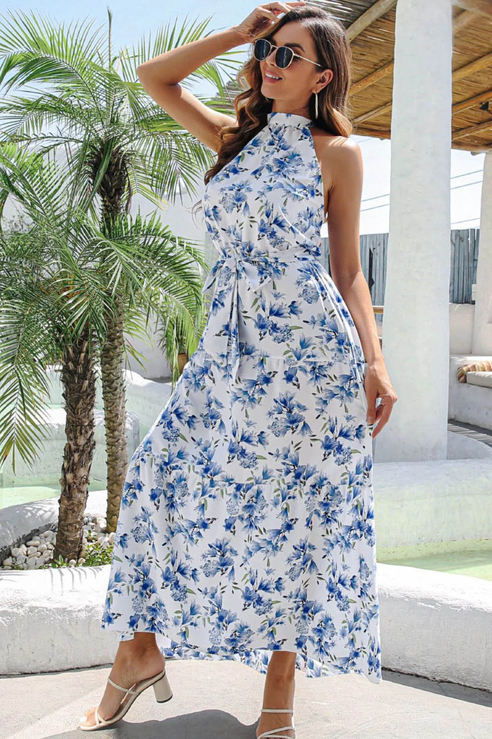 Holiday Blue Halter Collar Floral Print Maxi Dress