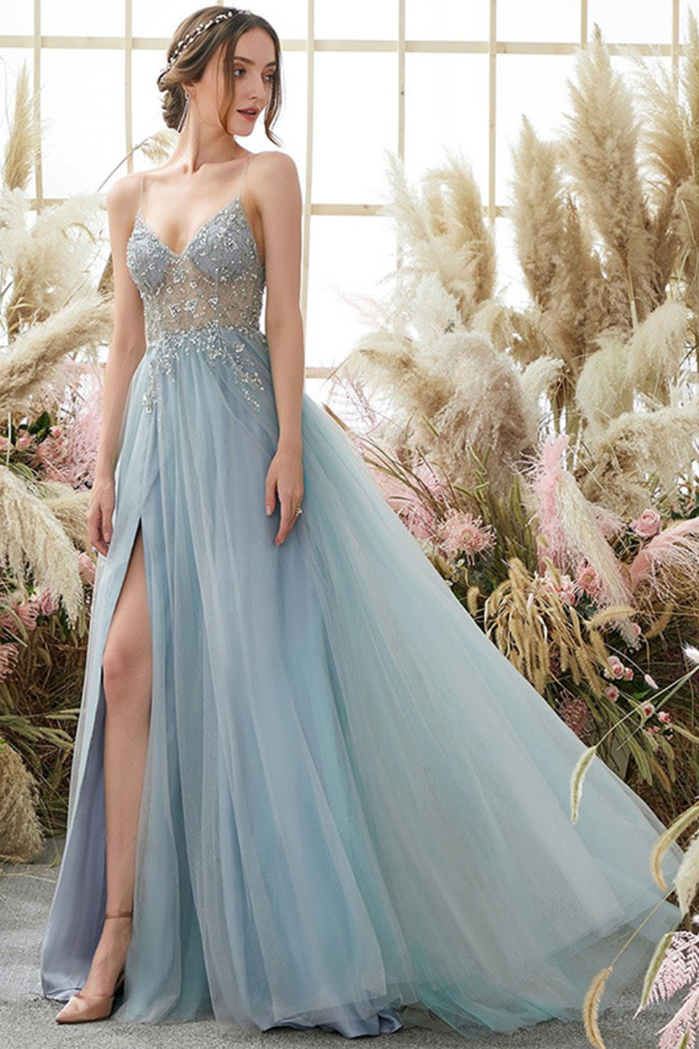 Prom Sky Blue Tulle See-through Split Maxi Dress