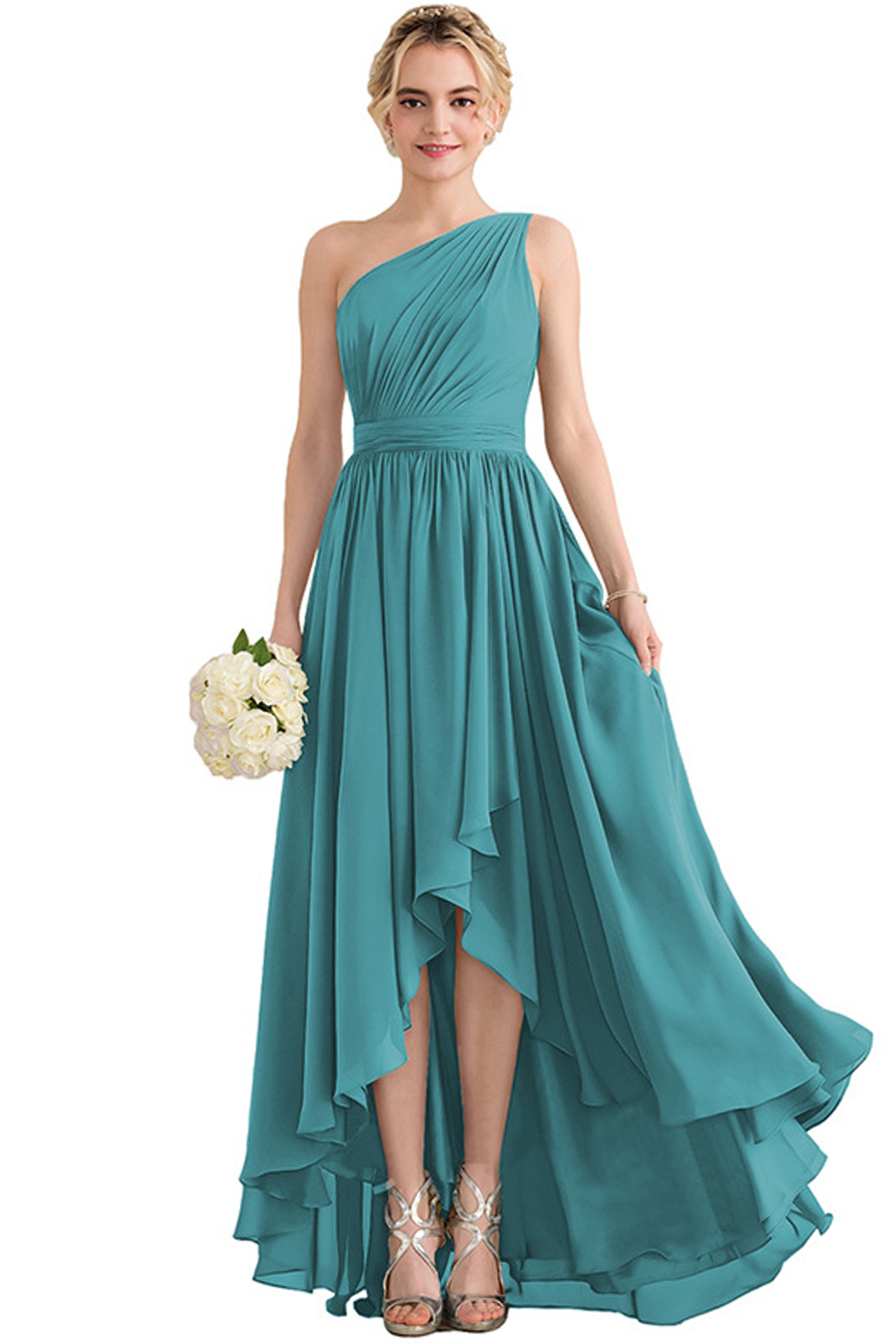 Wedding Guest Lake Blue Asymmetric Hem Oblique Collar Maxi Dress