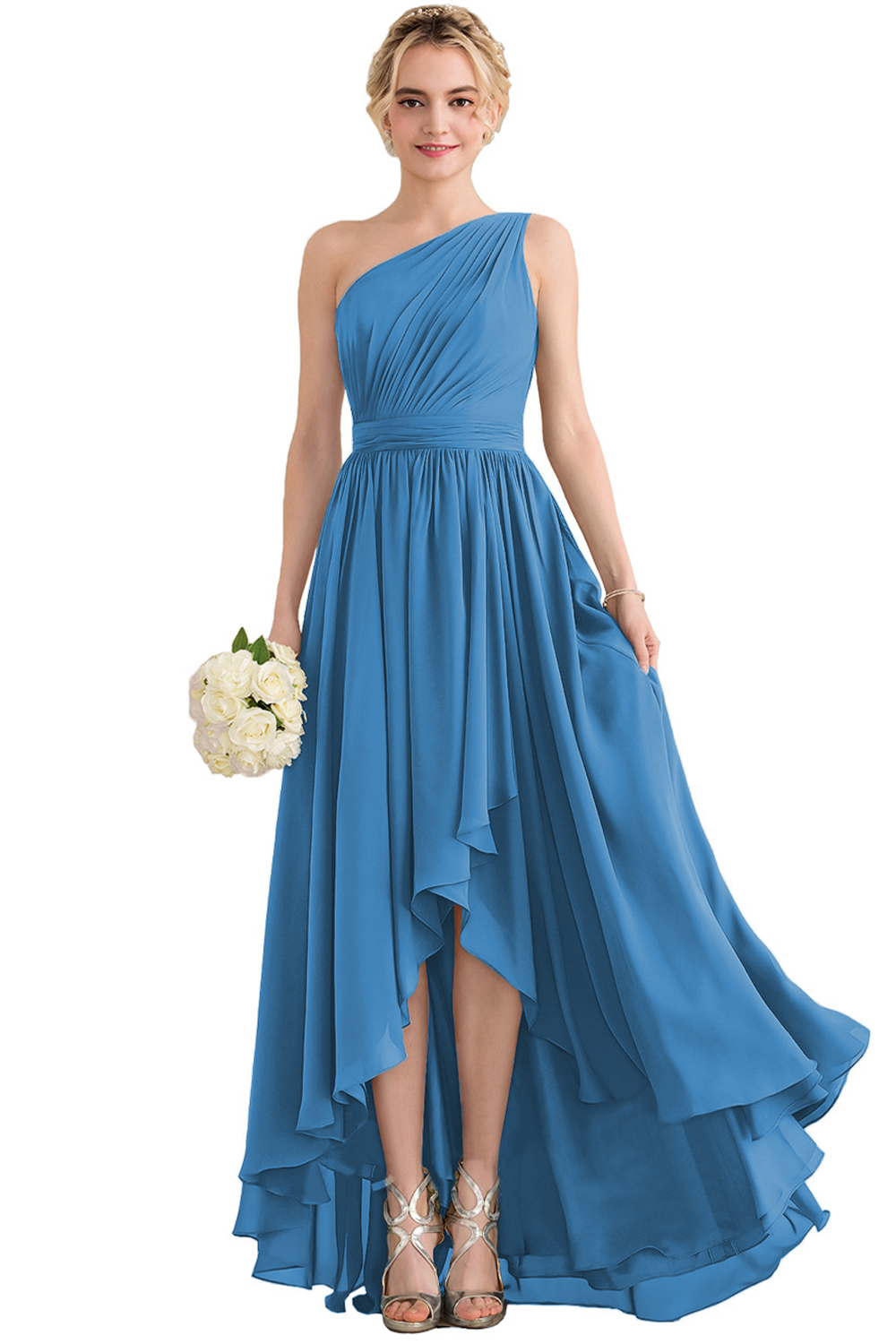Wedding Guest Lake Blue Asymmetric Hem Oblique Collar Maxi Dress