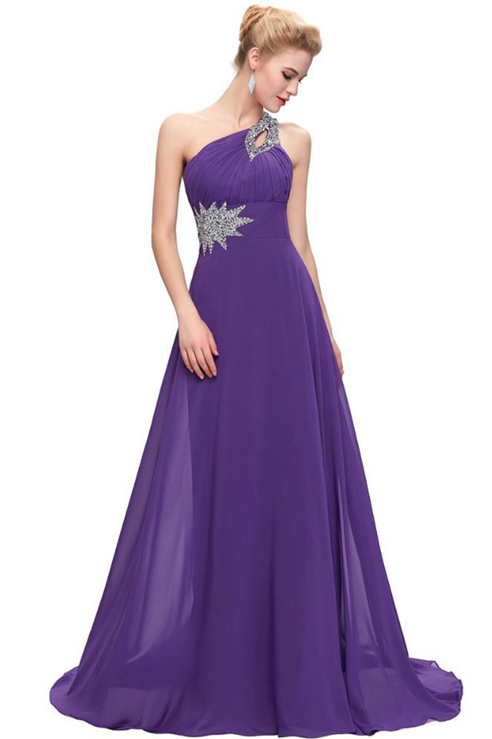 Prom Burgundy One Shoulder Rhinestone Maxi Dress