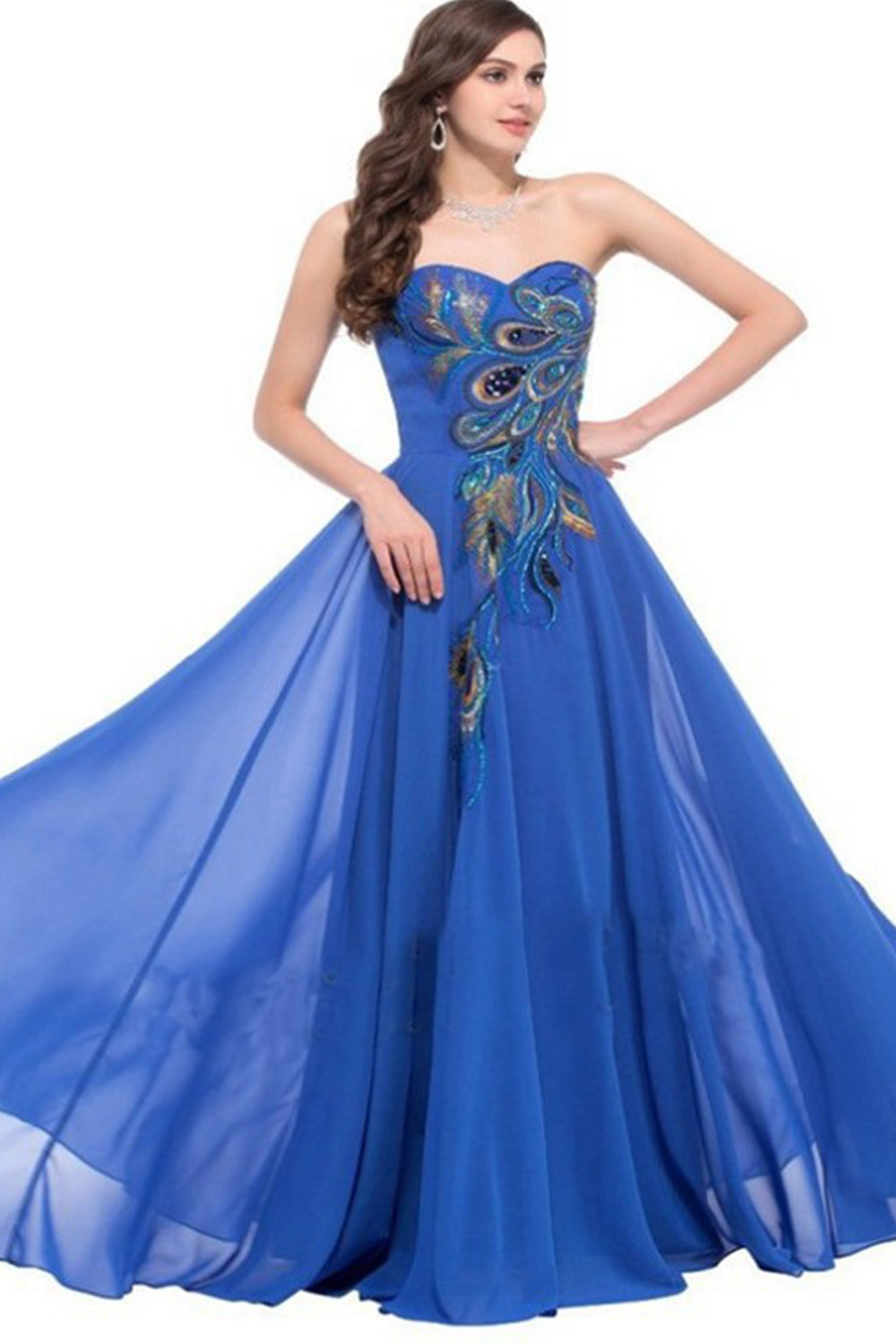Prom Royal Blue Embroidery Peacock Strapless Maxi Dress