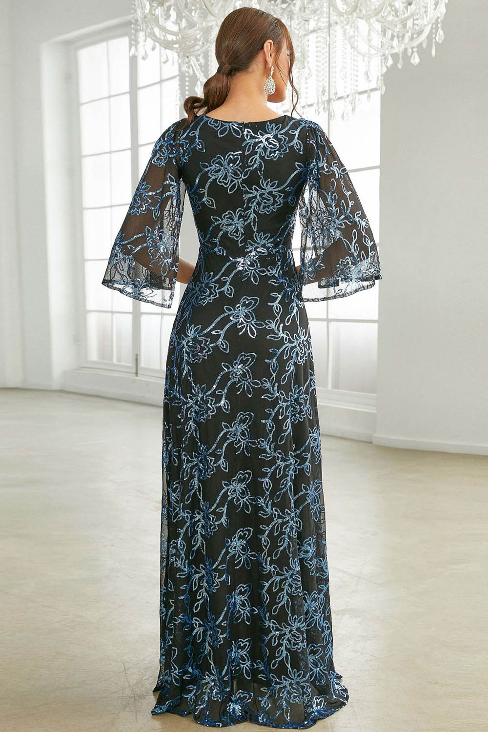 Wedding Guest Blue Embroidery Sequin Maxi Dress