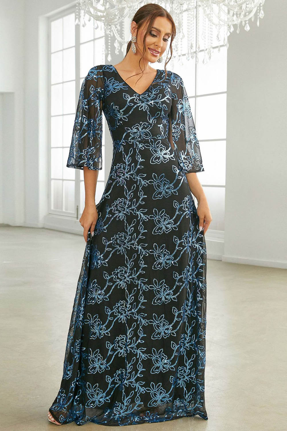 Wedding Guest Blue Embroidery Sequin Maxi Dress