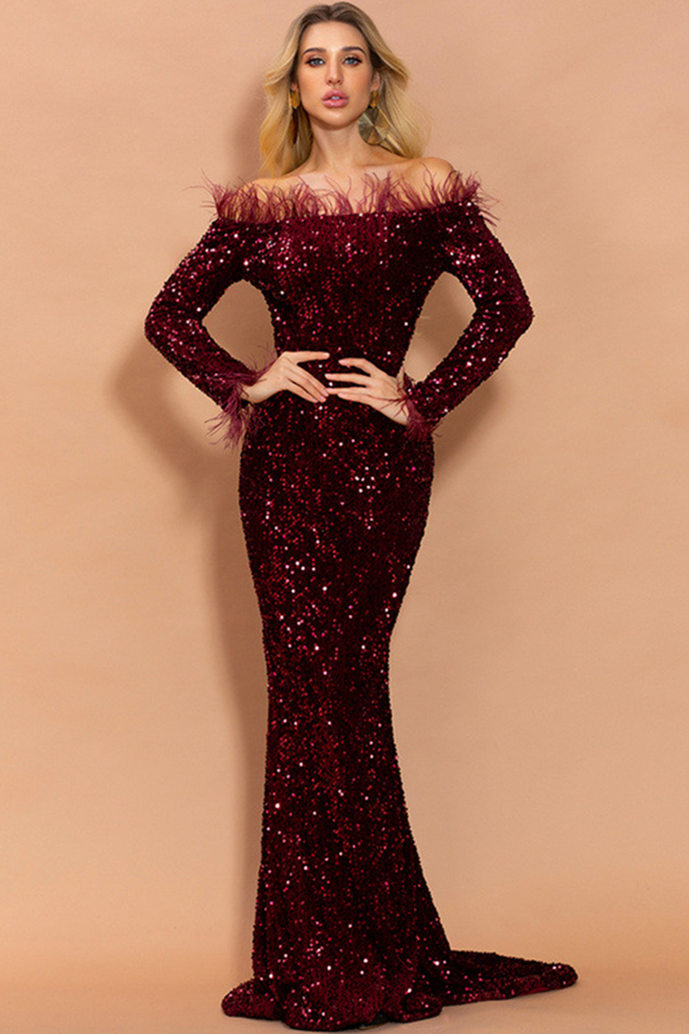 Party Burgundy Bodycon Off The Shoulder Sequin Feather Maxi Dress