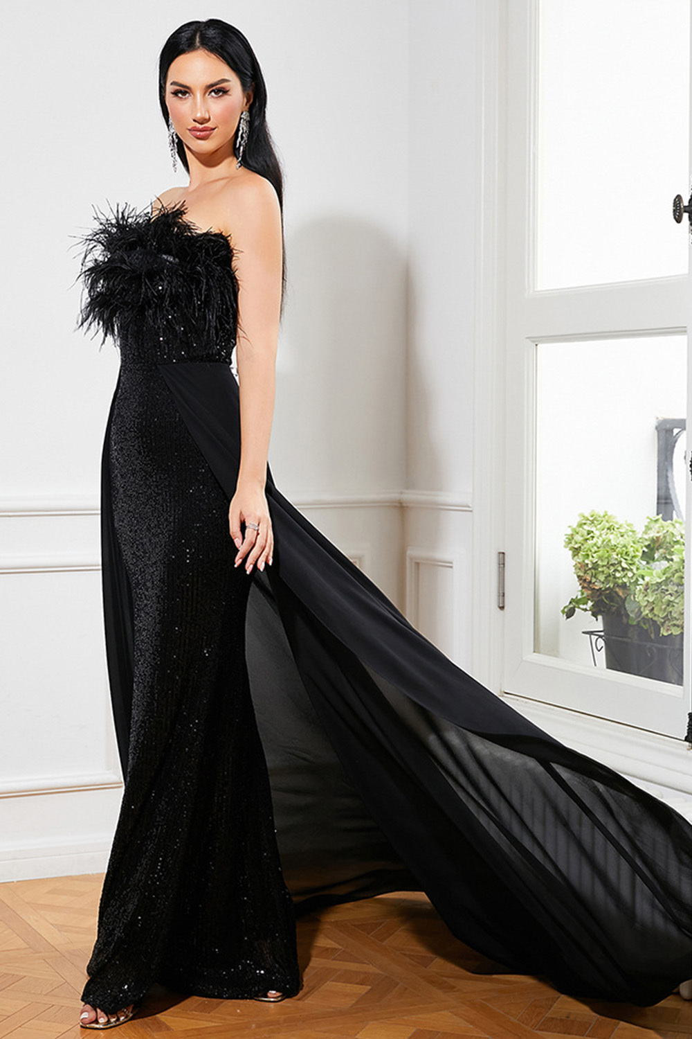 Party Black Sequin Feather Sleeveless Maxi Dress