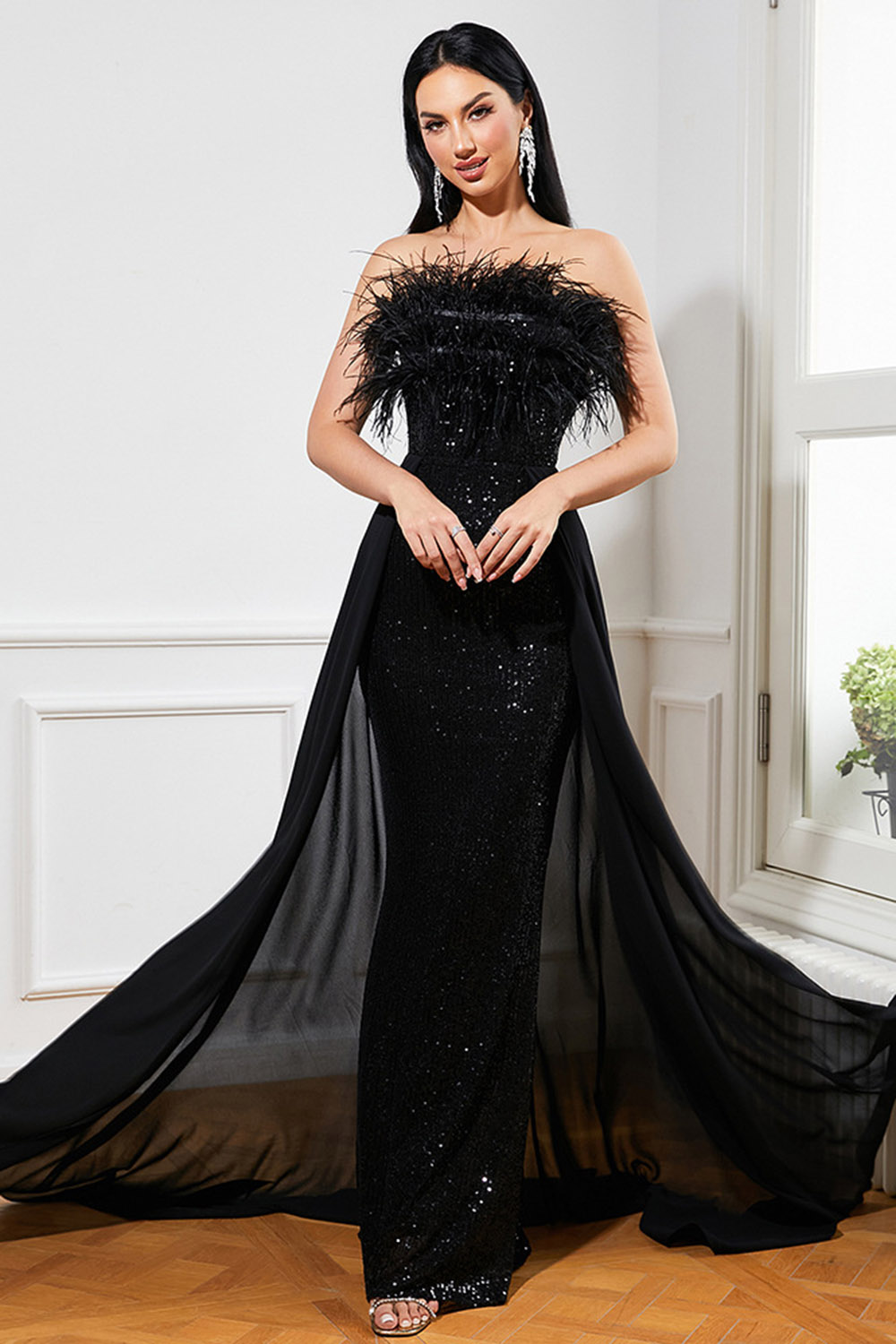 Party Black Sequin Feather Sleeveless Maxi Dress