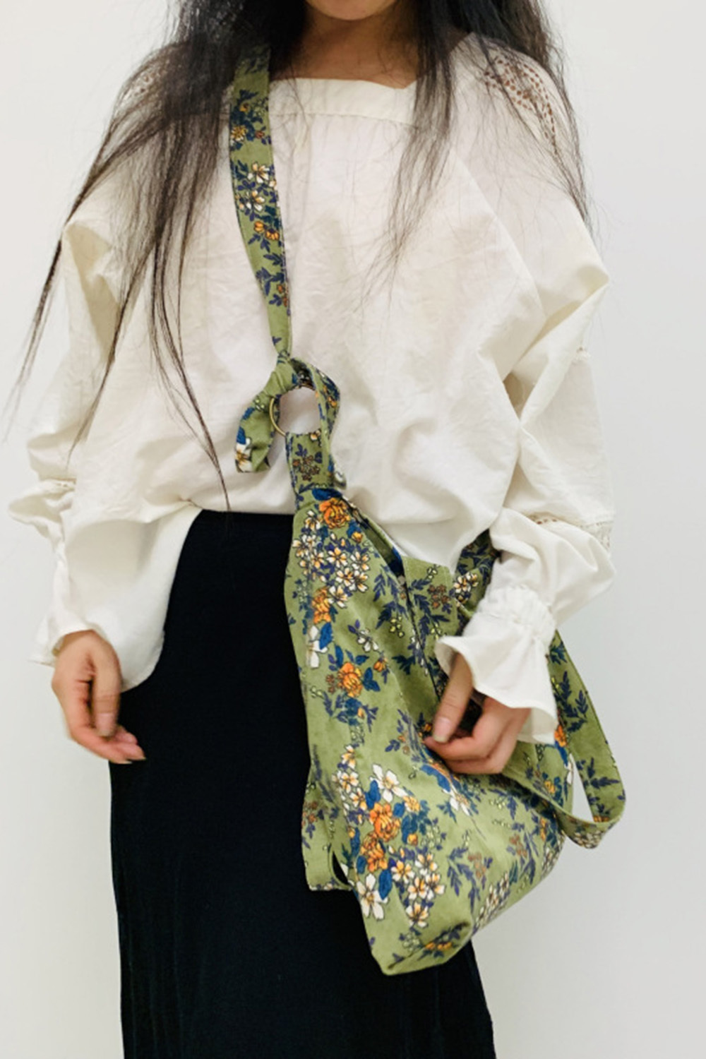 Casual Green Corduroy Retro Floral Print Zipper Shoulder Bag