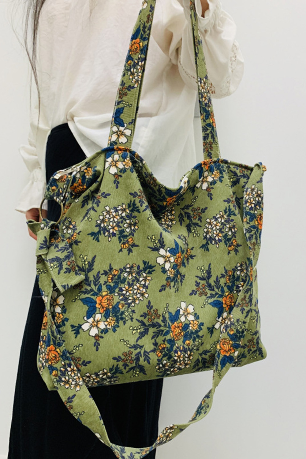 Casual Green Corduroy Retro Floral Print Zipper Shoulder Bag