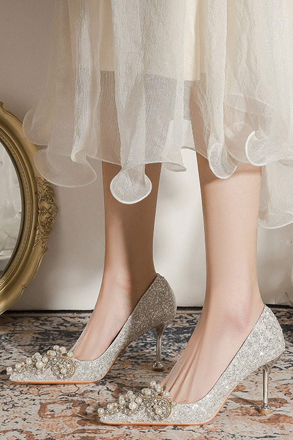 Wedding Silver Glitter Rhinestone Pearl Decor Pointed Toe Pumps