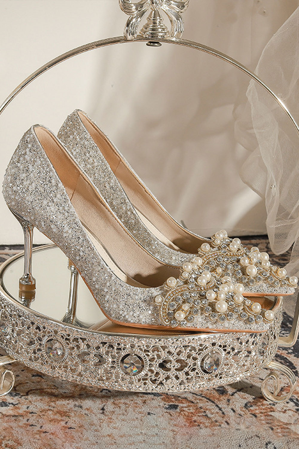 Wedding Silver Glitter Rhinestone Pearl Decor Pointed Toe Pumps