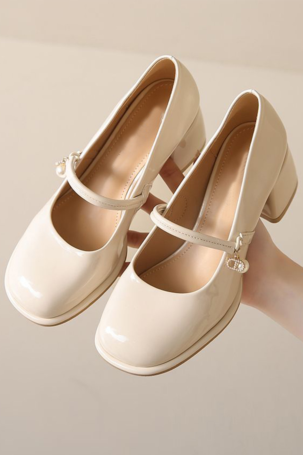 Elegant White Square Toe Strap Pearl Chunky Heel Pumps