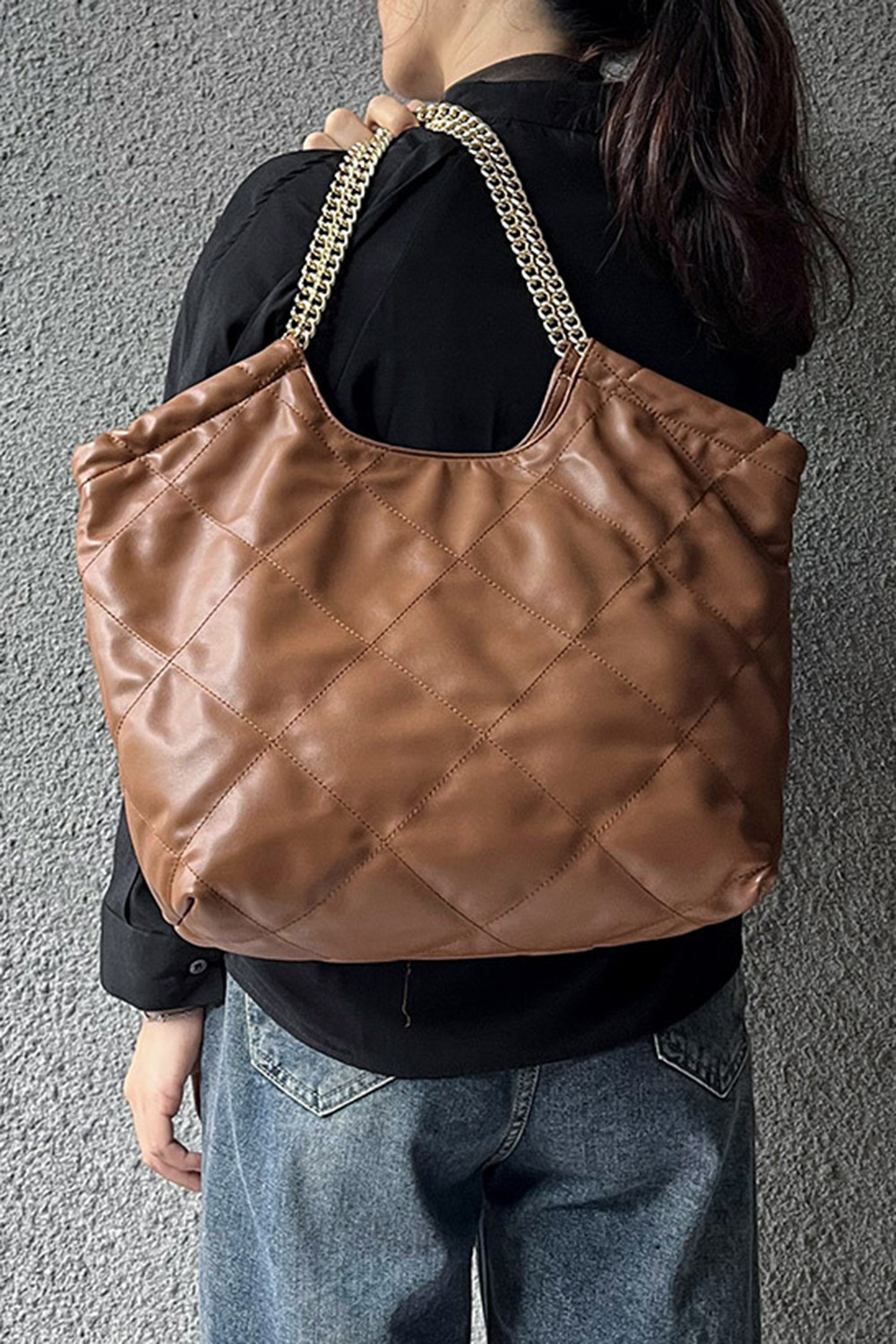 Casual Black Quilted Solid Chain Shoulder Bag