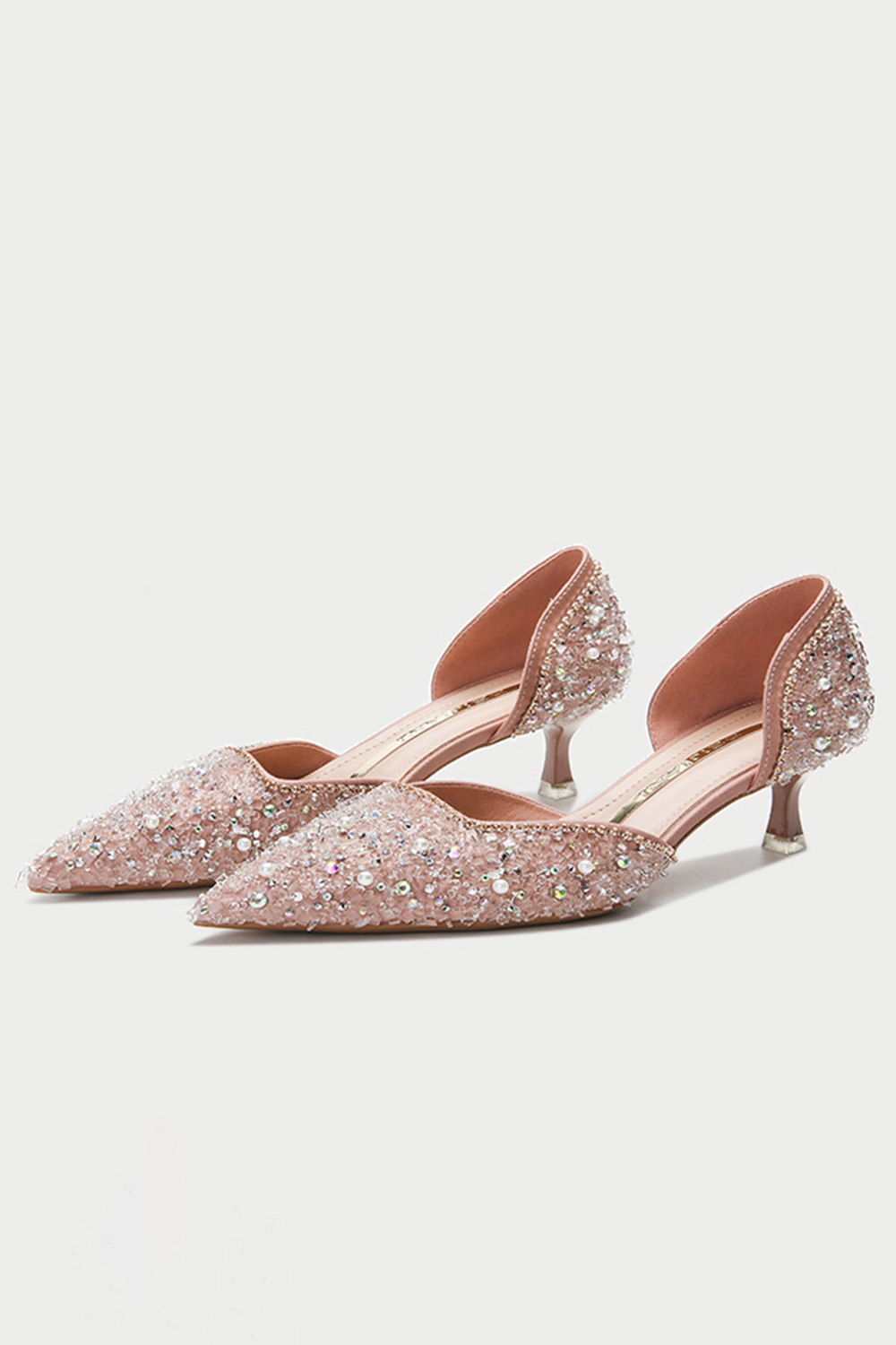 Party Apricot Rhinestone Beaded Pointed Toe Kitten Heels Shoes