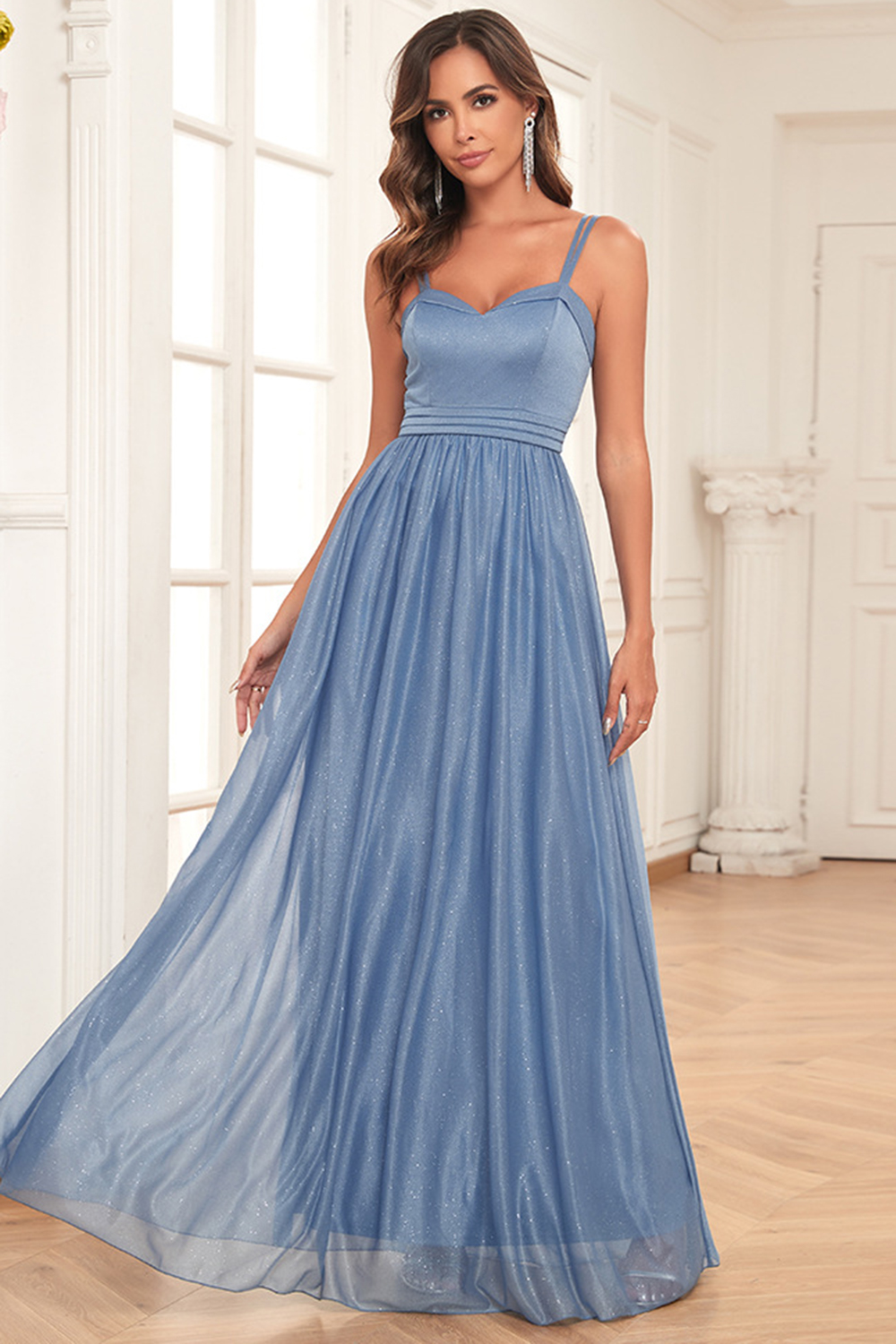 Wedding Guest Sky Blue Sparkly V Neck Pleated Cami Maxi Dress