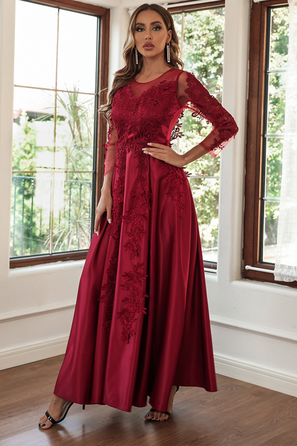 Wedding Guest Burgundy Lace Splicing 3/4 Sleeve Pleated Maxi Dress
