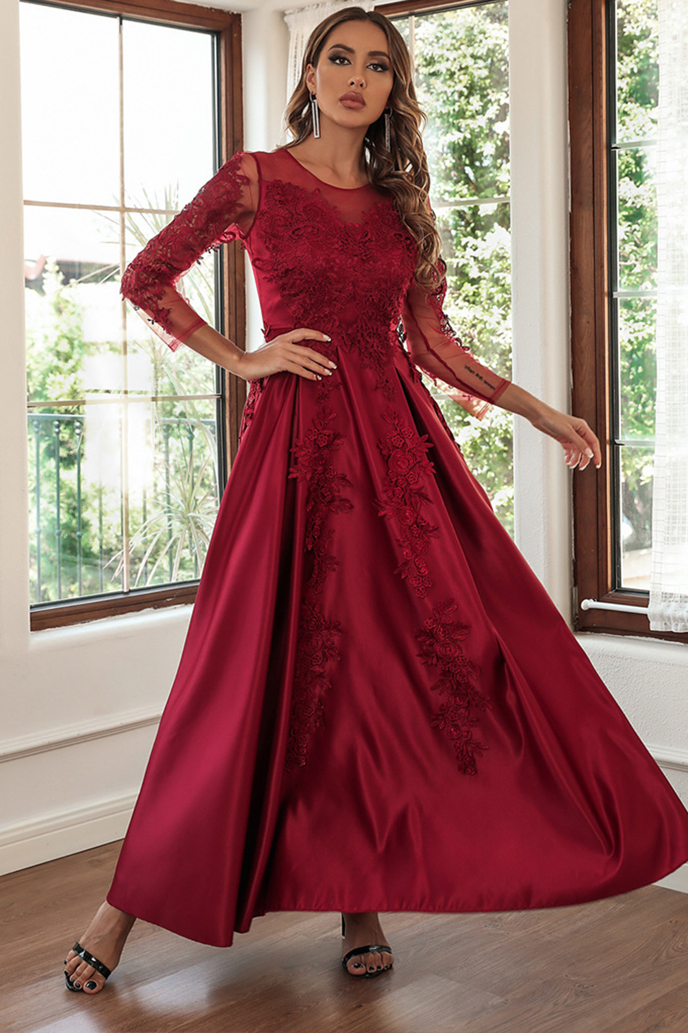 Wedding Guest Burgundy Lace Splicing 3/4 Sleeve Pleated Maxi Dress