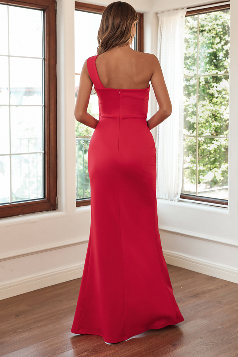 Wedding Guest Red One Shoulder Fold Split Maxi Dress