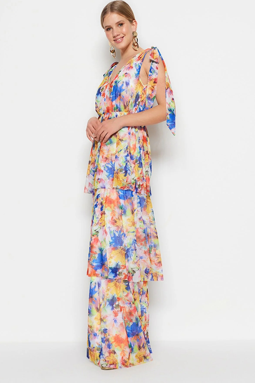 Holiday Yellow Floral Print V Neck Tie Straps Tiered Boho Maxi Dress